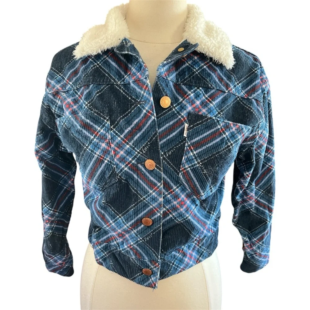 Levi Strauss Co Blue Red Plaid Lightweight Corduroy Jacket Sherpa collar 12yrs.